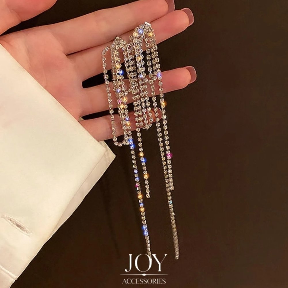 Tassel diamond asymmetrical earrings
